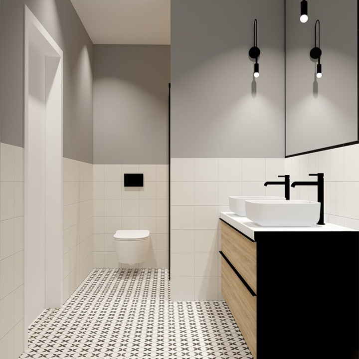 Łazienka w stylu skandynawskim z kolekcją płytek monoblock i clover