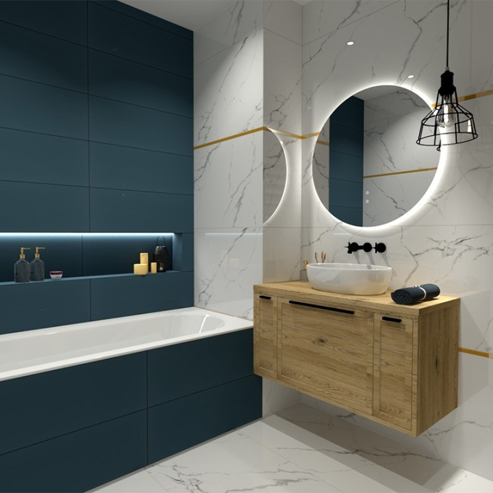 Nowoczesna  łazienka z kolekcją płytek Turquoise i Carving