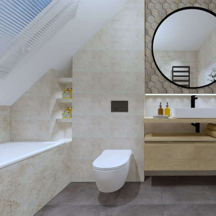 Łazienka w stylu skandynawskim z kolekcją płytek Grey Stain oraz Terraform