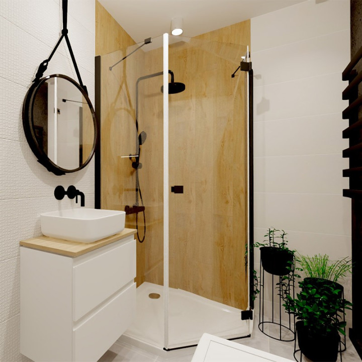 Łazienka w stylu nowoczesnym z kolekcją płytek Lenox i Batista.