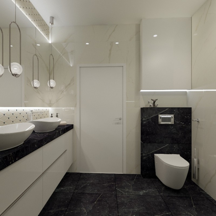 Łazienka w stylu minimalistycznym z kolekcją płytek Calacatta i Barro