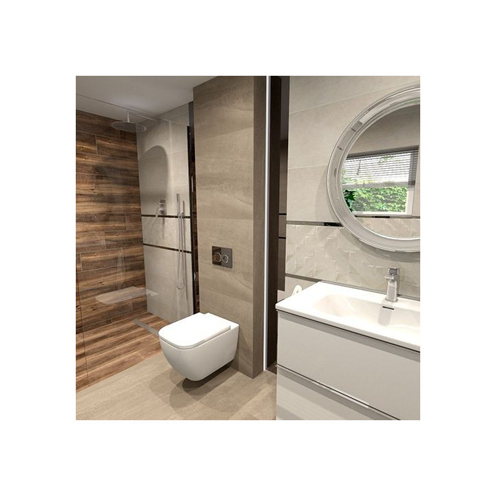 Nowoczesna łazienka z oknem z kolekcją płytek Bloom i Cortone.