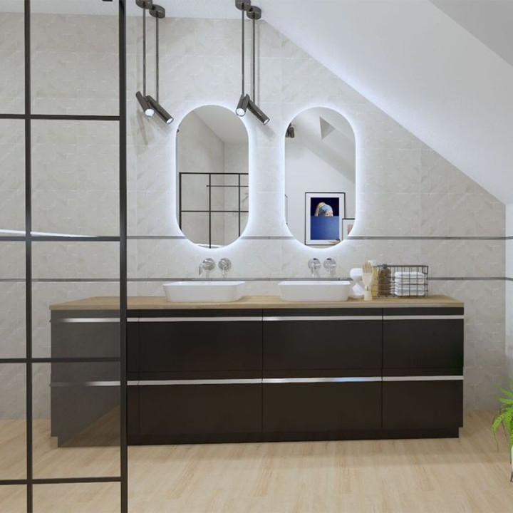 Łazienka w stylu skandynawskim z kolekcją płytek Suomi i Lumen.