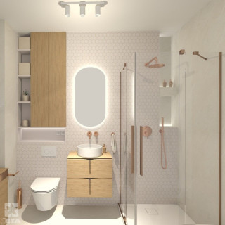 Łazienka w stylu Japandi z kremowymi płytkami i miedzianymi akcentami