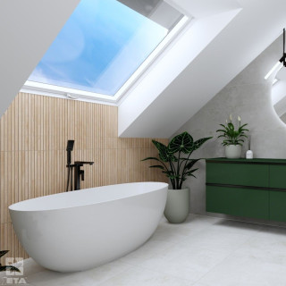 Salon kąpielowy na poddaszu zaprojektowany został w stylu nowoczesnym