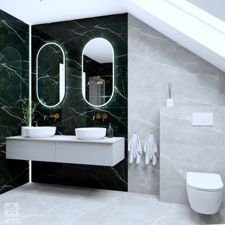 Projekt łazienki w stylu glamour, w której królują marmury