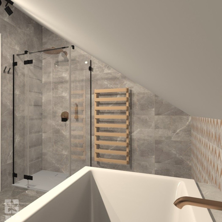 Nowoczesna łazienka z ciemnymi płytkami i złotymi akcentami