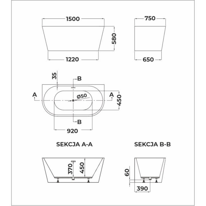 Wanna przyścienna EMMA 1500 x 750 x 580 mm – Nowoczesny Komfort i Styl