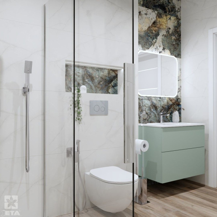 Jasny projekt łazienki w stylu nowoczesnym z prysznicem.