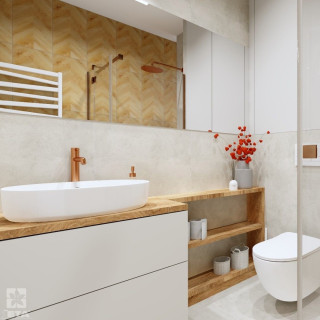 Nowoczesna łazienka z miedzianymi akcentami i drewnianym wykończeniem