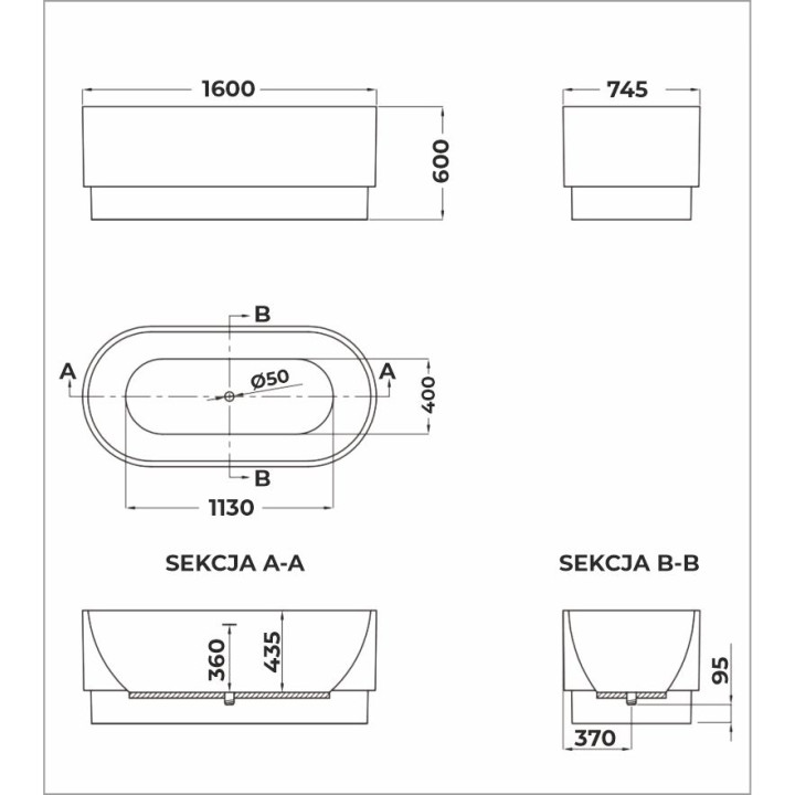 Wanna wolnostojąca SOLANO 1600 x 745 x 600 mm – Luksus i Nowoczesność