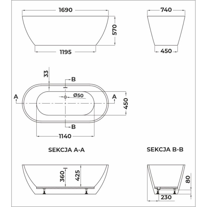 Wanna wolnostojąca ZUZANNA 1690 x 740 x 570 mm – Elegancja i Komfort