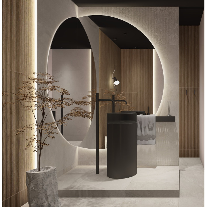 Luksusowa łazienka w stylu SPA: drewno, czerń, lustro led.