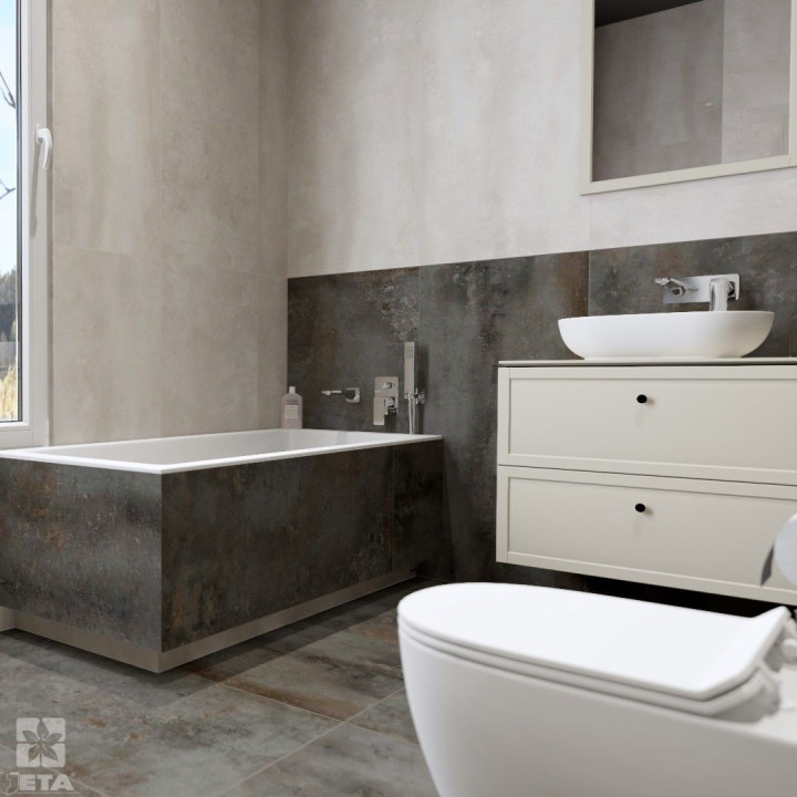 Minimalistyczna łazienka z wanną Savia i płytkami Gravity Dark