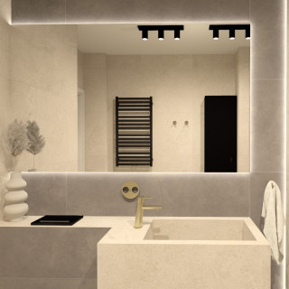 Skandynawska łazienka w beżach i złocie – minimalizm i elegancja