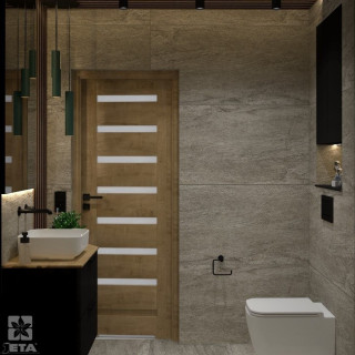 Industrialna toaleta – beton, drewno i nowoczesna czerń