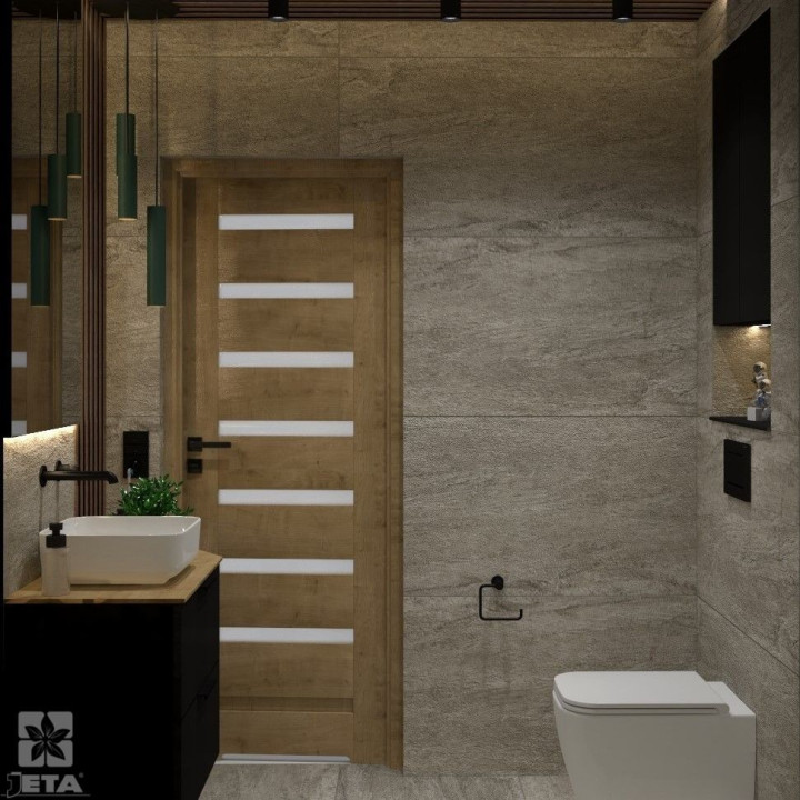 Industrialna toaleta – beton, drewno i nowoczesna czerń