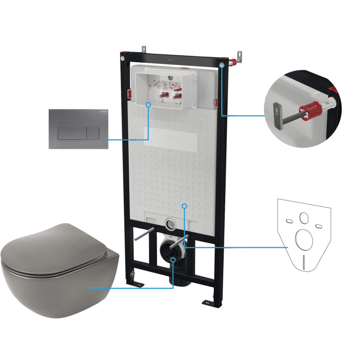 MISKA WISZĄCA PEONIA ANTRACYT/TITANIUM + DESKA + STELAŻ + PRZYCISK TITANIUM  CDETDZPW