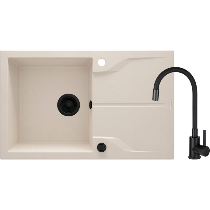 SET: ZLEW. GRANIT ZQN 5113 BEŻ + BAT. Z ELASTYCZNĄ WYLEWKĄ  BOC N72M NERO + OSPRZĘT NERO  ZQNN5113