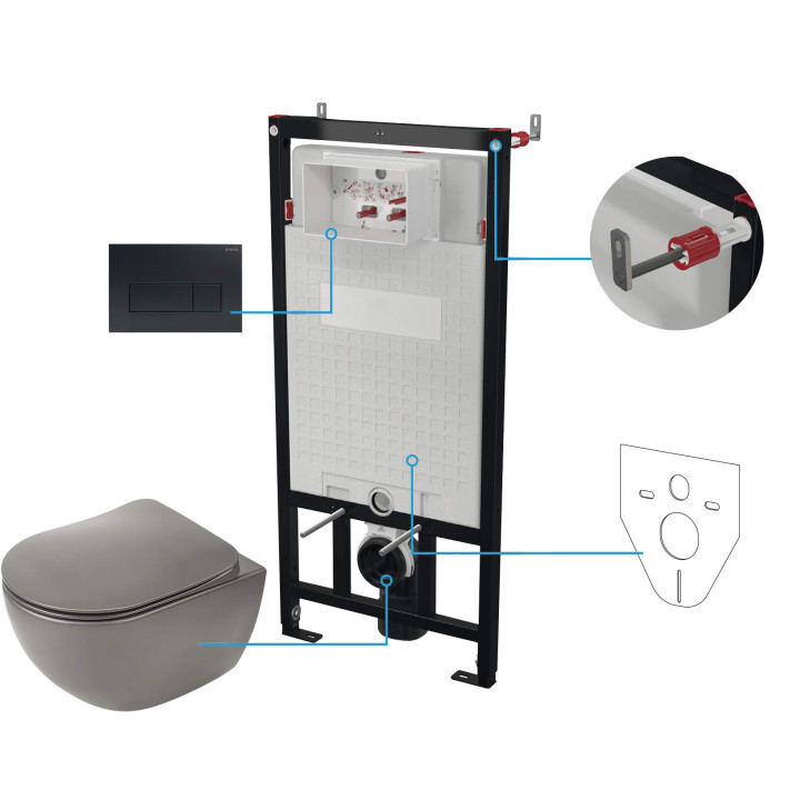 MISKA WISZĄCA BEZKOŁNIERZOWA PEONIA ZERO ANTRACYT/TITANIUM + DESKA + STELAŻ + PRZYCISK SLIM NERO  CDENDZPW