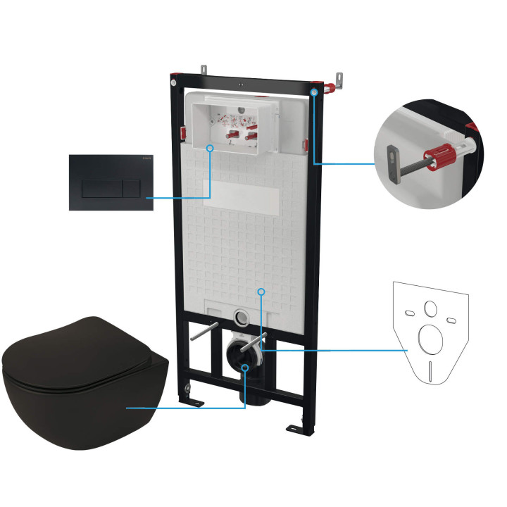 MISKA WISZĄCA BEZKOŁNIERZOWA PEONIA ZERO NERO + DESKA + STELAŻ + PRZYCISK SLIM NERO  CDENNZPW