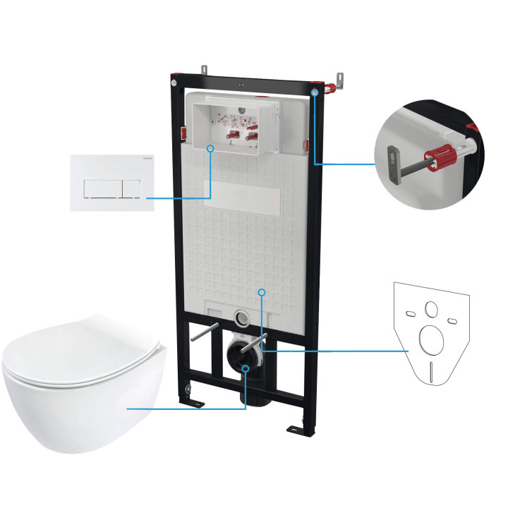 STELAŻ+PRZYCISK+DESKA+MISKA WISZĄCA BEZKOŁNIERZOWA SILIA, BIANCO  CDLA6ZPW