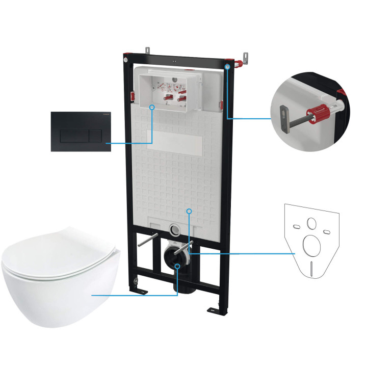 STELAŻ+PRZYCISK+DESKA+MISKA WISZĄCA BEZKOŁNIERZOWA SILIA, NERO  CDLN6ZPW