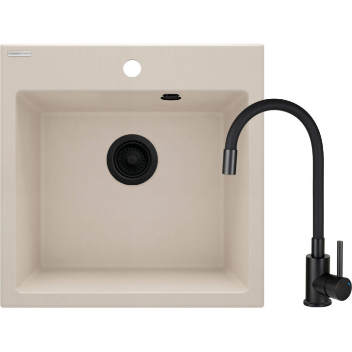 SET: ZLEW. GRANIT ZQJ 5103 BEŻ + BAT. Z ELASTYCZNĄ WYLEWKĄ BOC N72M NERO + OSPRZĘT NERO  ZQJN5103