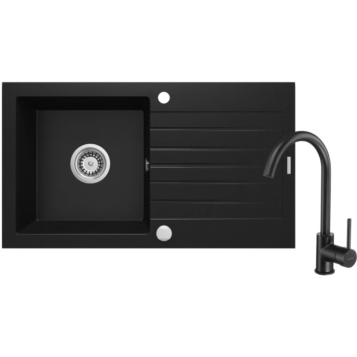 ZLEW. ZORBA NERO GRANIT 1K Z/O 760X440X160, 3,5" + OSPRZĘT SPACE-SAVER + BATERIA MILIN Z WYLEWKĄ "U" ZQZVN113