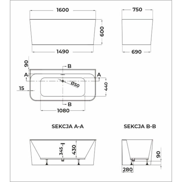 SOME COMODA WANNA PRZYŚCIENNA 1600X750X600 AKRYLOWA DM607-1600 BIAŁY POŁYSK + KOREK KLIK KLAK BIAŁY MAT DR01MW*
