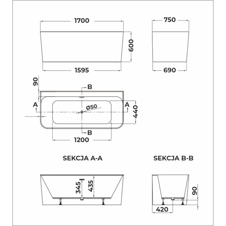 SOME COMODA WANNA PRZYŚCIENNA 1700X750X600 AKRYLOWA DM607-1700 BIAŁY POŁYSK + KOREK KLIK KLAK BIAŁY MAT DR01MW*