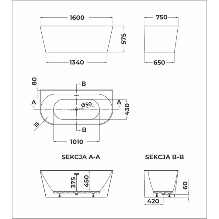 SOME EMMA WANNA PRZYŚCIENNA 2.0 1600X750X575 AKRYLOWA DM927C2-1600 BIAŁY POŁYSK + KOREK KLIK KLAK CHROM D01CHR*