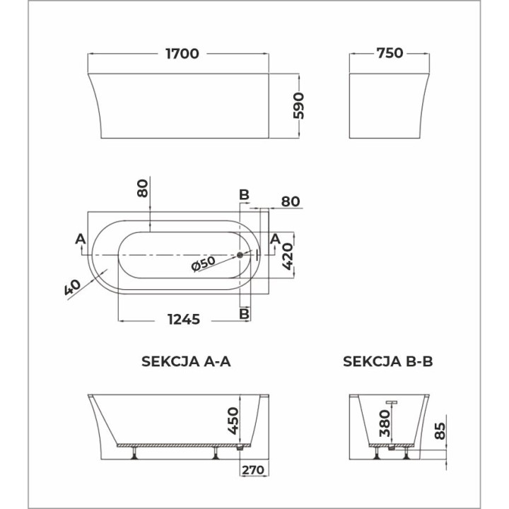 SOME EMMA WANNA NAROŻNA LEWA 1700X750X590 AKRYLOWA DM979-1700LH BIAŁY POŁYSK + KOREK KLIK KLAK ZŁOTY DR01BG*