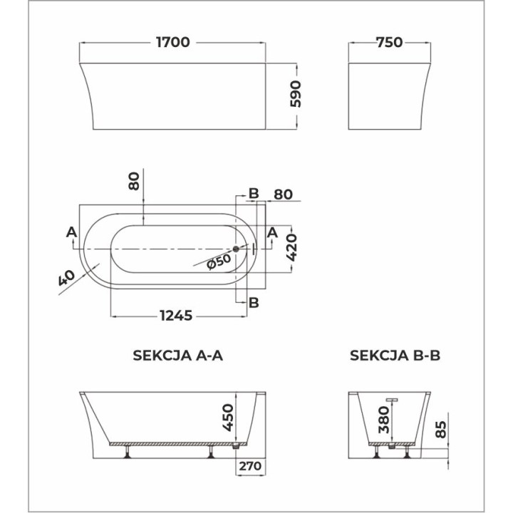 SOME EMMA WANNA NAROŻNA PRAWA 1700X750X590 AKRYLOWA DM979-1700RH BIAŁY POŁYSK + KOREK KLIK KLAK CHROM D01CHR*