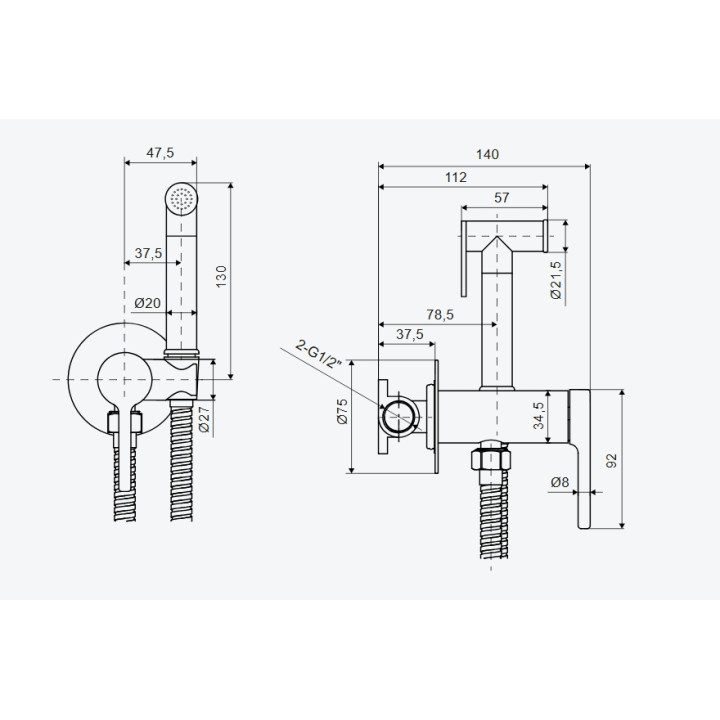 PI BATERIA BIDETOWA BIDETTA ZE SŁUCHAWKĄ PRYSZNICOWĄ, BIAŁY MAT AREX.1204WH