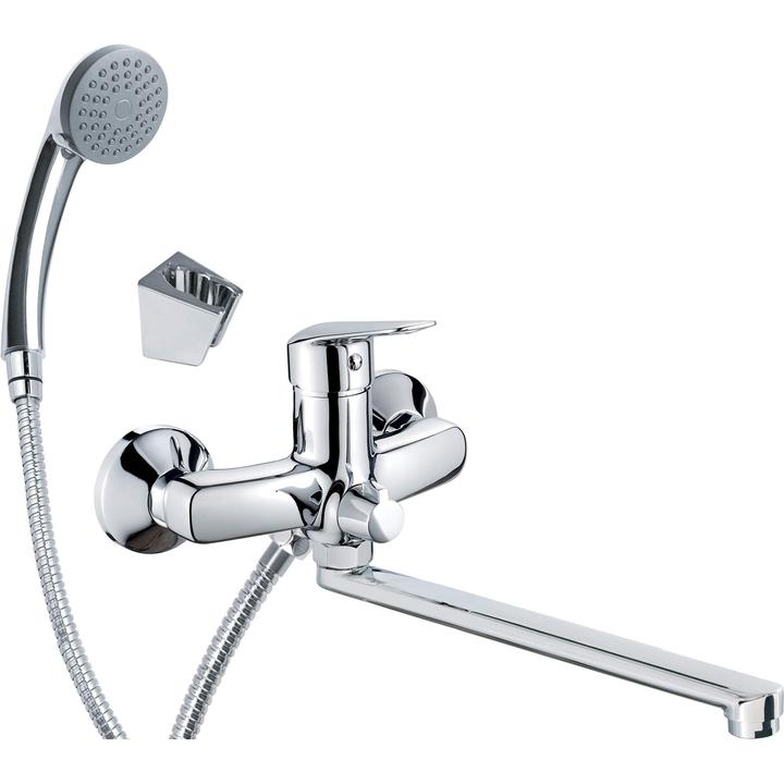 BAT. BORO CHROM UMYWALKOWA ŚCIENNA Z WYDŁUŻONĄ WYLEWKĄ I PODŁĄCZENIEM NA WĄŻ, Z ZESTAWEM NATRYSKOWYM  BMO_057M