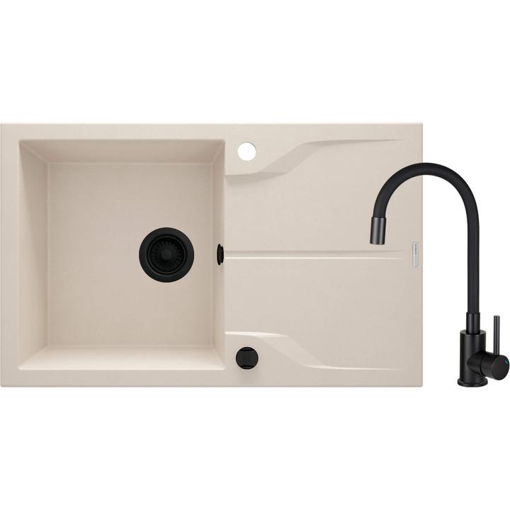 SET: ZLEW. GRANIT ZQN 5113 BEŻ + BAT. Z ELASTYCZNĄ WYLEWKĄ  BOC N72M NERO + OSPRZĘT NERO  ZQNN5113