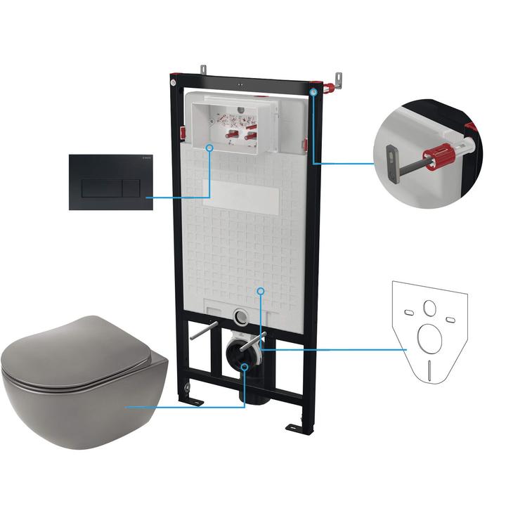 MISKA WISZĄCA BEZKOŁNIERZOWA PEONIA ZERO ANTRACYT/TITANIUM + DESKA + STELAŻ + PRZYCISK SLIM NERO  CDENDZPW