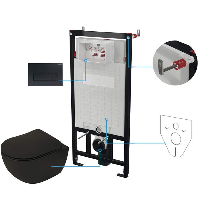 MISKA WISZĄCA BEZKOŁNIERZOWA PEONIA ZERO NERO + DESKA + STELAŻ + PRZYCISK SLIM NERO  CDENNZPW