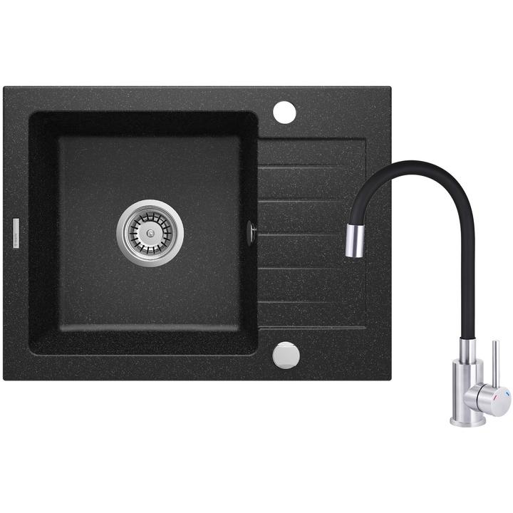 SET: ZLEW. GRANITOWY ZQZ_211A GRAFIT + BAT. Z WYLEWKĄ ELASTYCZNĄ BOC_B720 STAL-CZARNY + OSPRZĘT  ZQZC211A