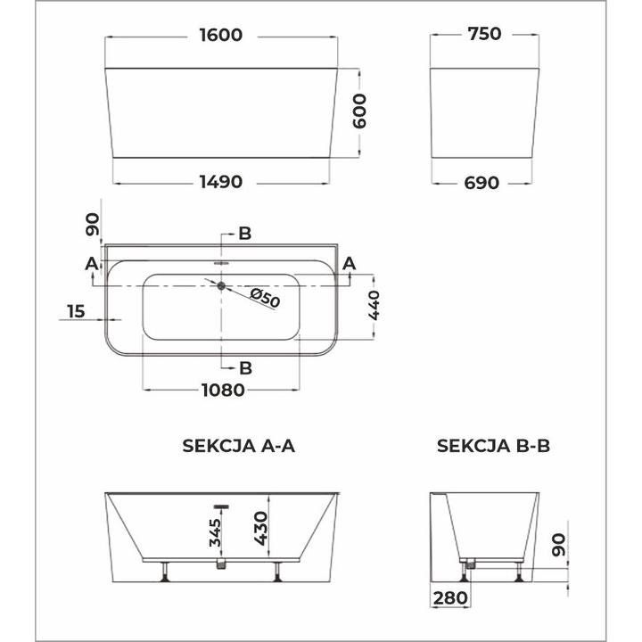 SOME COMODA WANNA PRZYŚCIENNA 1600X750X600 AKRYLOWA DM607-1600 BIAŁY MAT + KOREK KLIK KLAK ZŁOTY DR01BG*