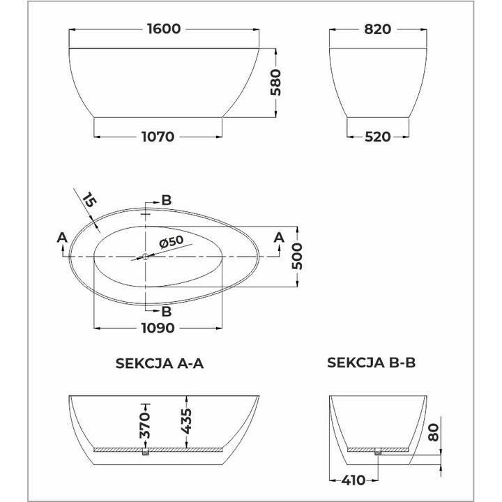 SOME DROP WANNA WOLNOSTOJĄCA 1600X820X580 DM630-1600T CZARNA + KOREK KLIK KLAK CHROM D01CHR*