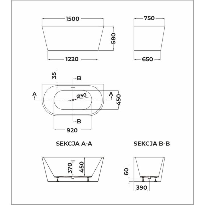 Wanna przyścienna EMMA 1500 x 750 x 580 mm – Nowoczesny Komfort i Styl