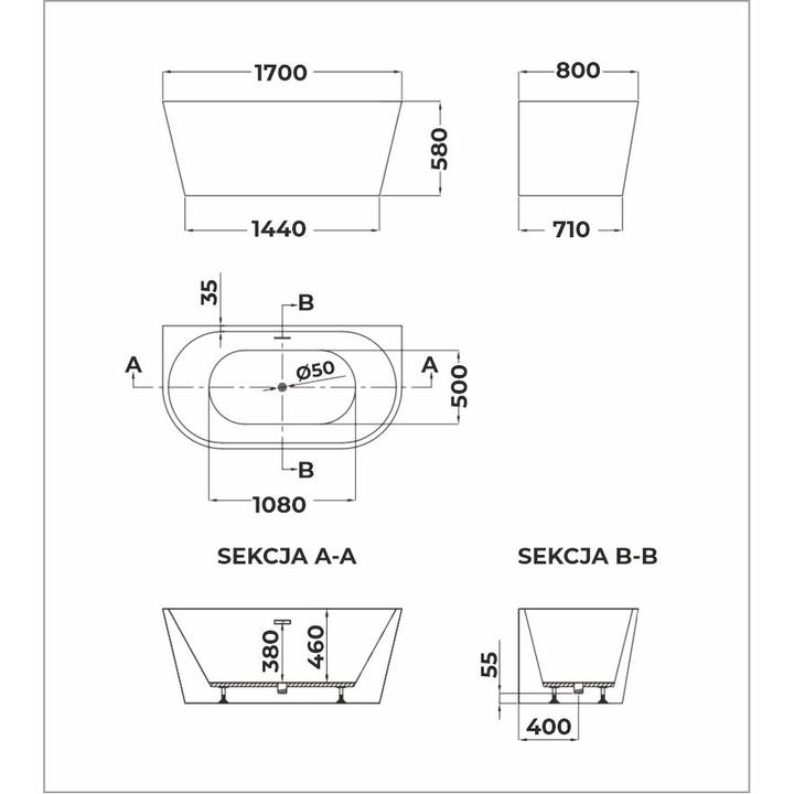 Wanna przyścienna EMMA 1700 x 800 x 580 mm – Przestronność i Luksus