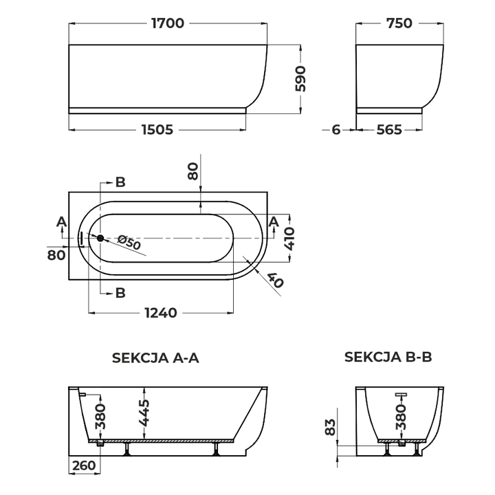 Wanna narożna EMMA LEWA 1700 x 750 x 590 mm – Komfort i Przestrzeń
