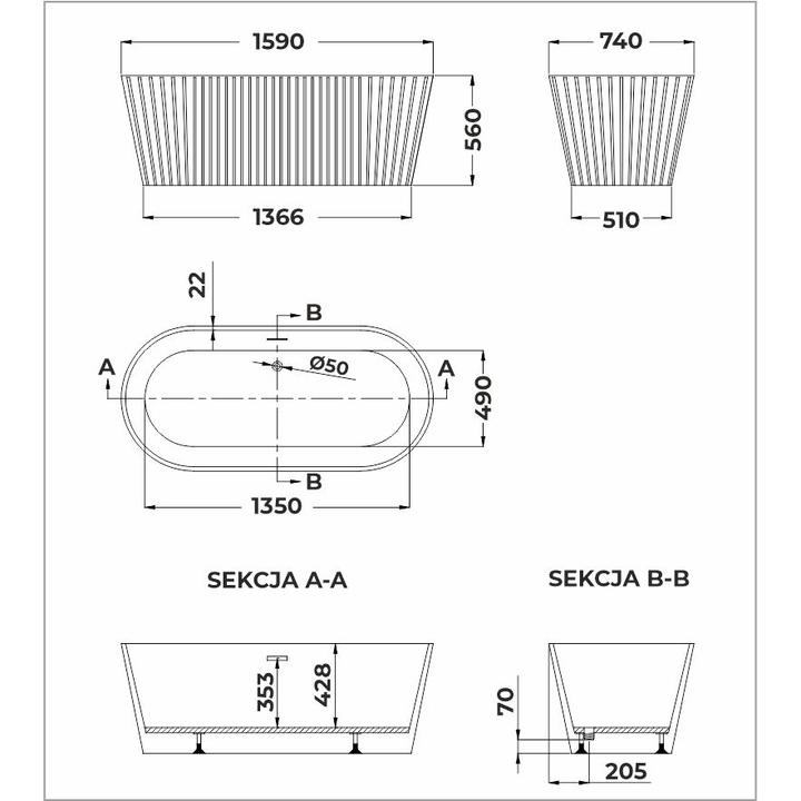 SOME MUFFIN WANNA WOLNOSTOJĄCA 1590X740X565 AKRYLOWA DM608-1600T BIAŁY POŁYSK + KOREK KLIK KLAK CZARNY MAT DR01MB*