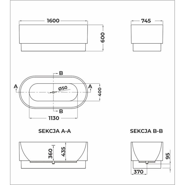 Wanna wolnostojąca SOLANO 1600 x 745 x 600 mm – Luksus i Nowoczesność