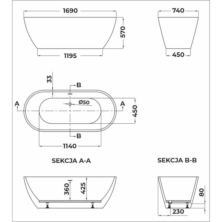 Wanna wolnostojąca ZUZANNA 1690 x 740 x 570 mm – Elegancja i Komfort
