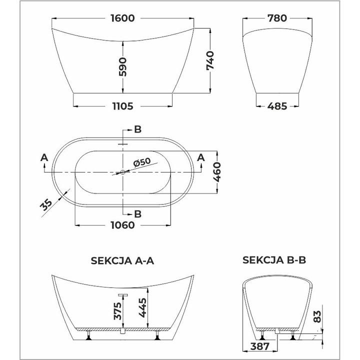 Wanna wolnostojąca SMILE 1600 x 780 x 740/590 mm – Wyjątkowy Komfort i Styl
