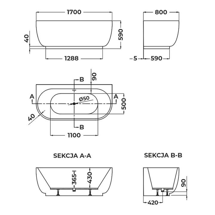 Wanna przyścienna EMMA 1700 x 800 x 580 mm – Przestronność i Luksus
